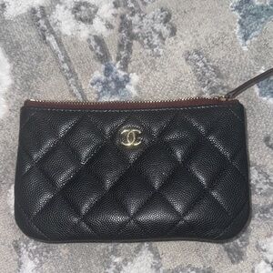 CHANEL Black Quilted Zipper Wallet with Gold Accent